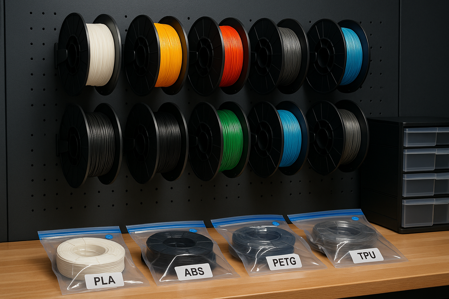 Organized filament storage system with different materials