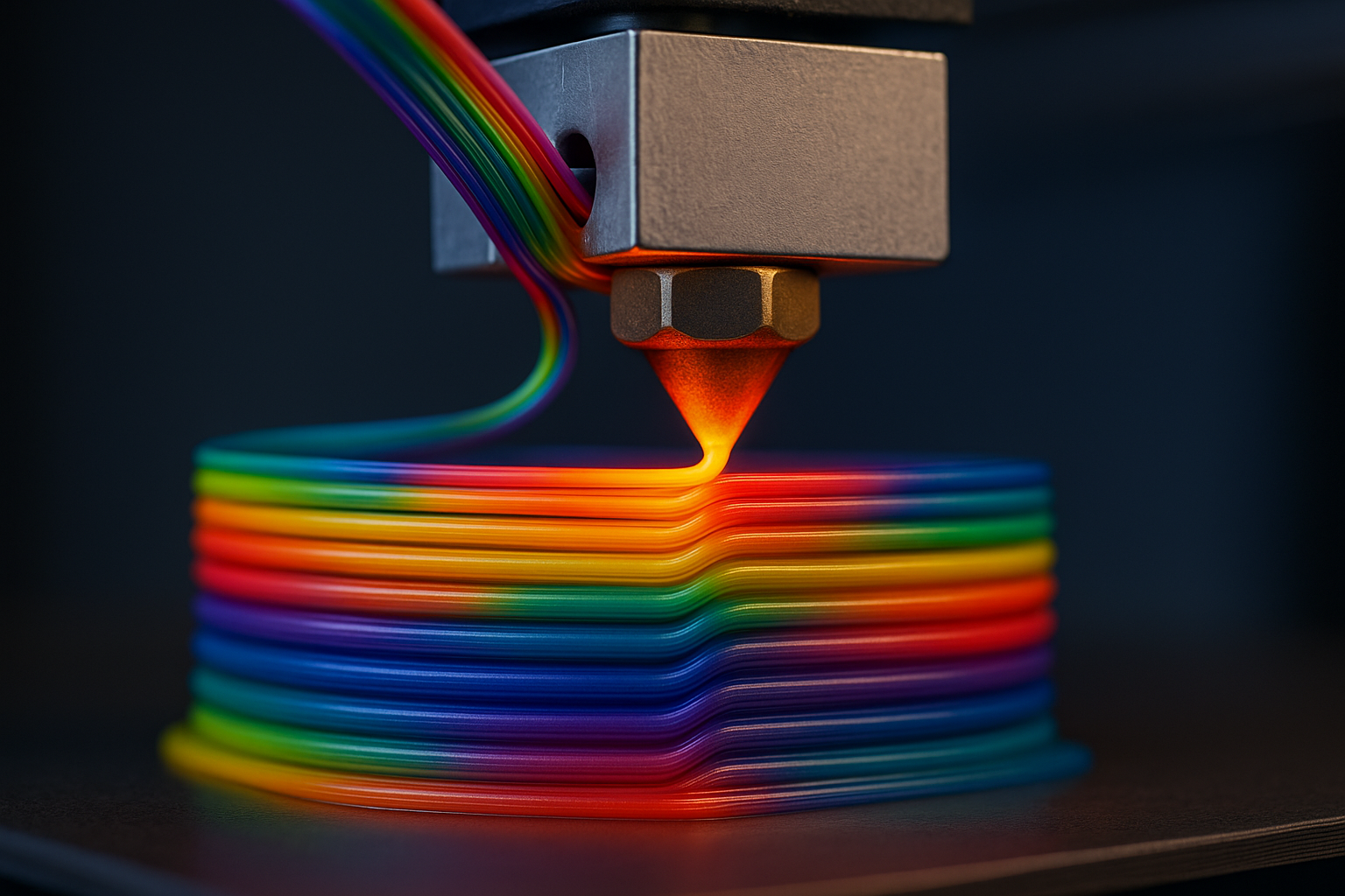 Heated nozzle melting colorful filament with temperature glow