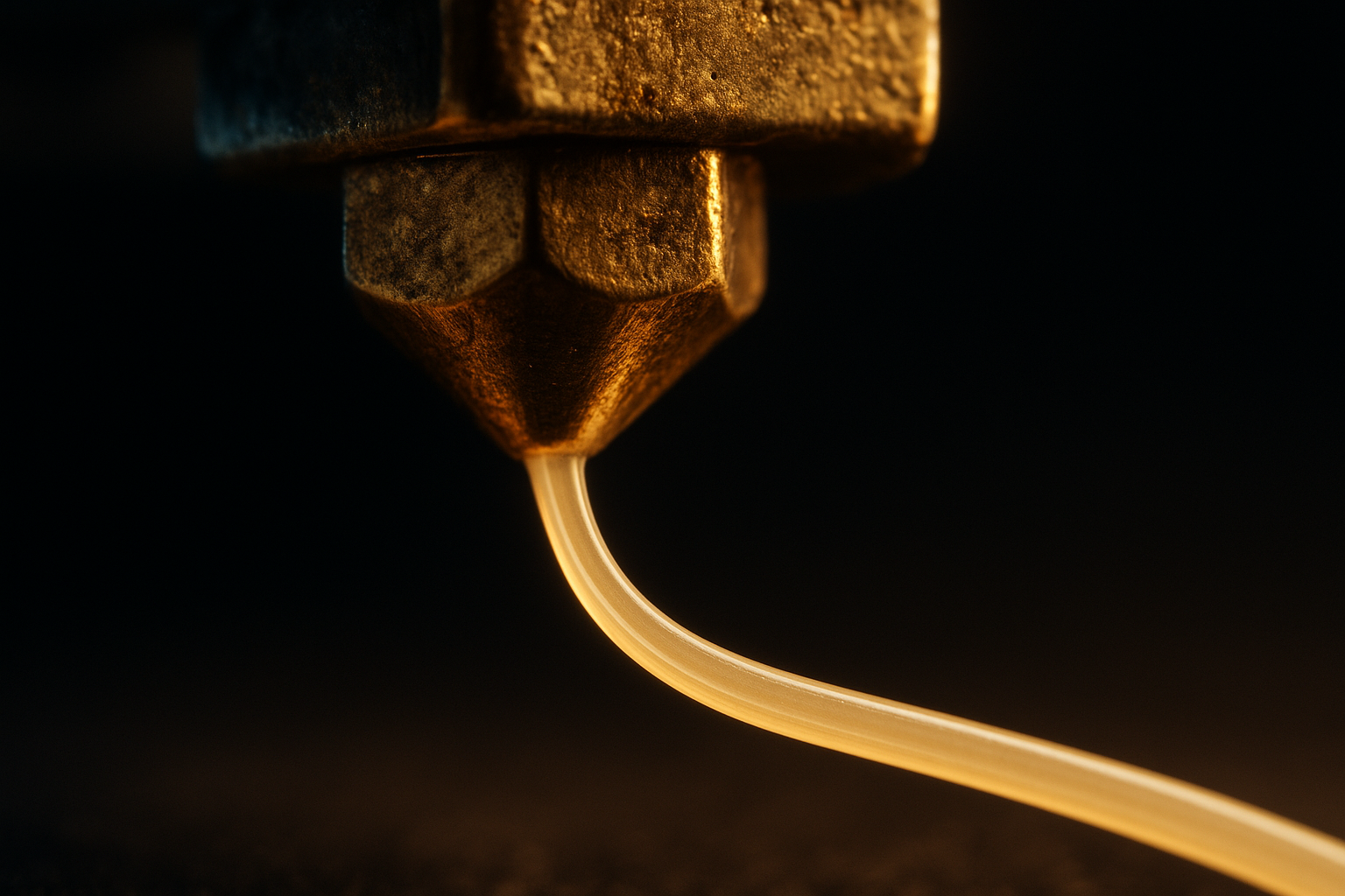Macro shot of filament being extruded from nozzle